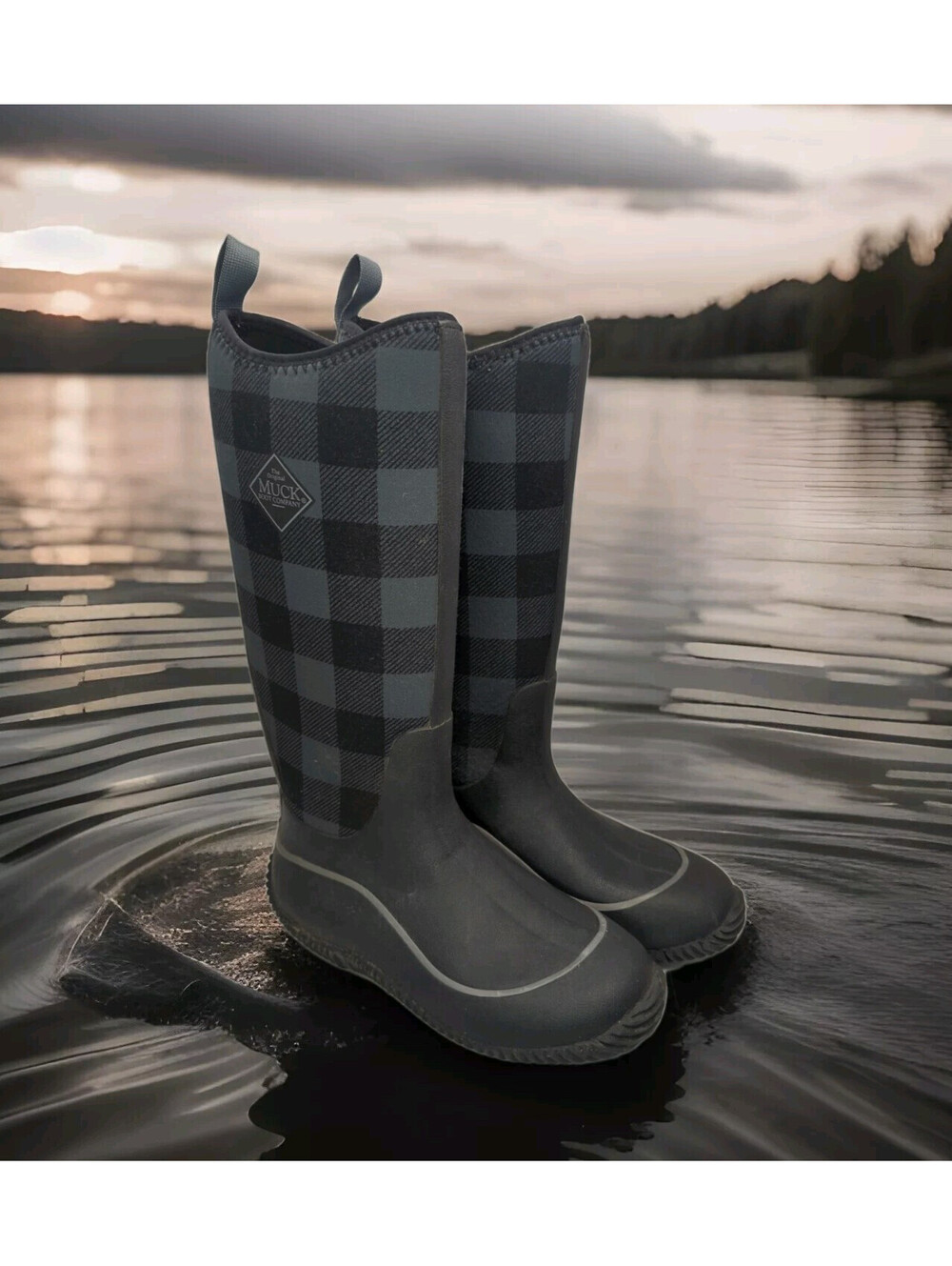 Muck® Boots CO. Womens Ladies 7 38 Hale Plaid Grey & Black Tall SNOW RAIN KNEE